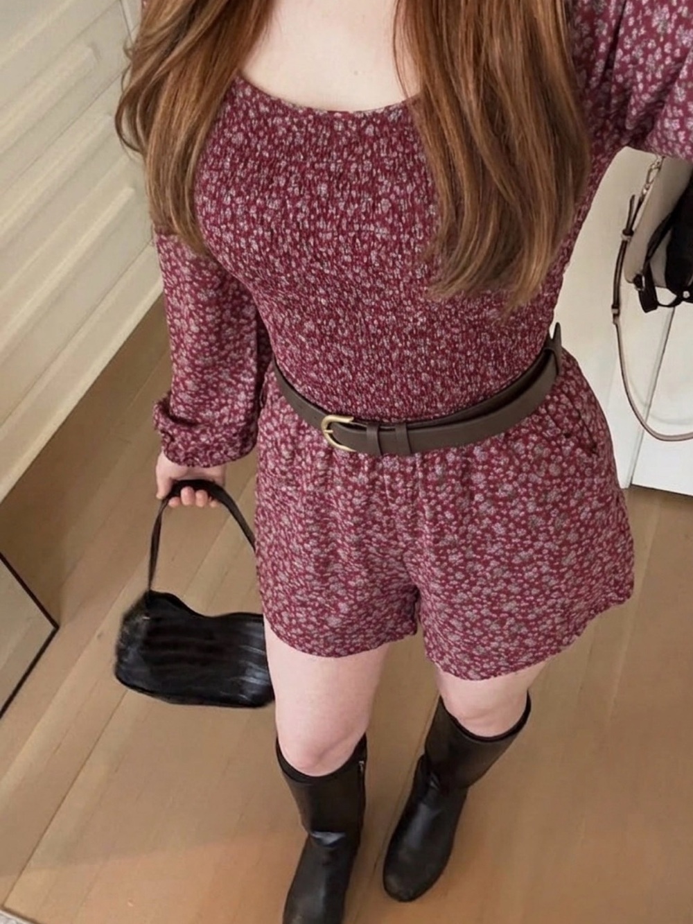 American Eagle Burgundy Floral Smocked Romper S